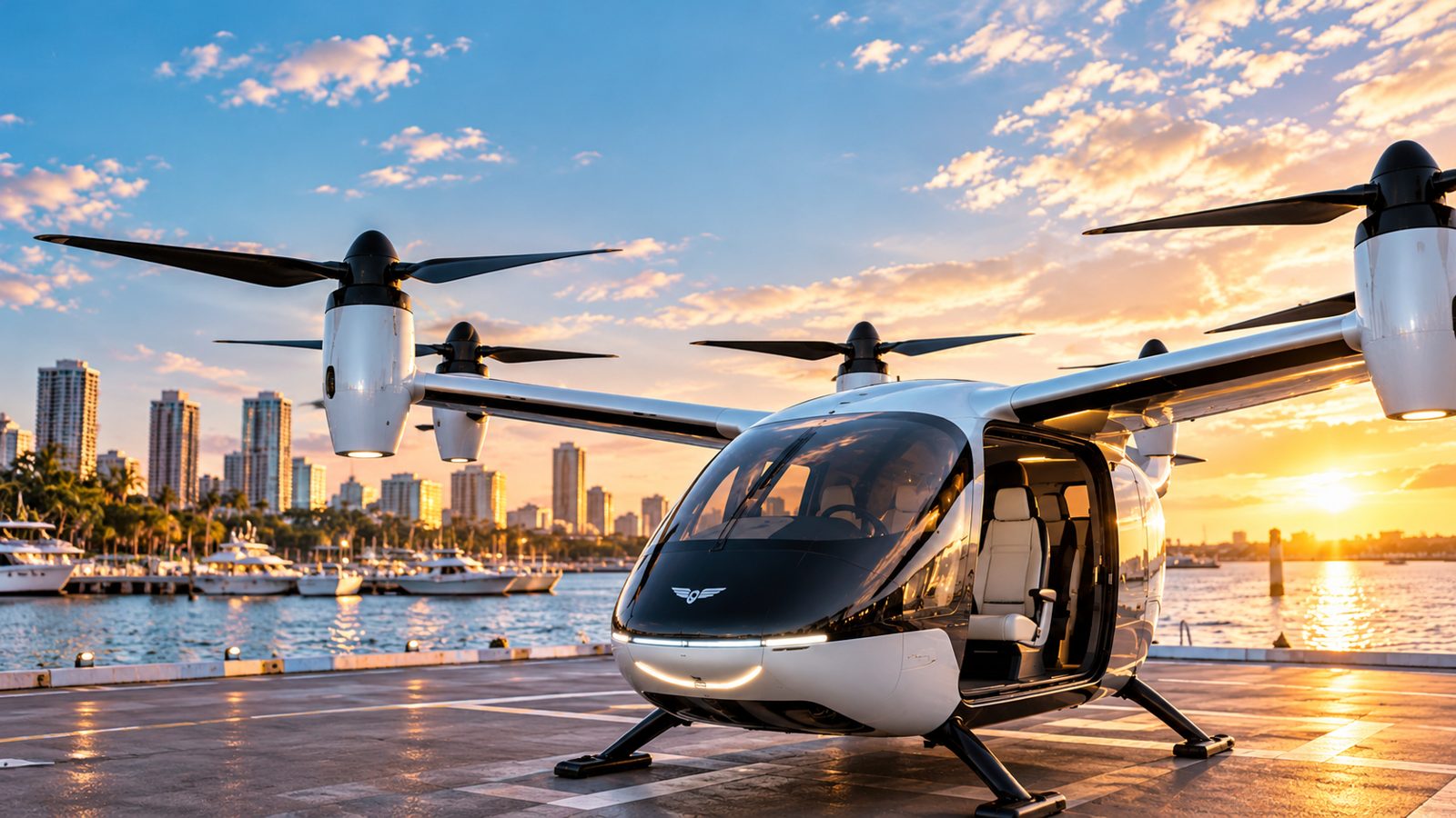 Illustration of a white electric air taxi parked on a waterfront landing pad at sunset, with a marina and the downtown St. Petersburg skyline behind it